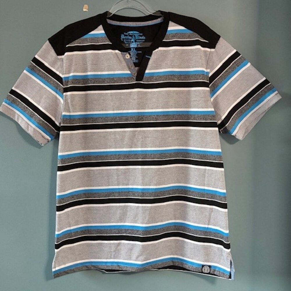 Denim & Rivets Men’s XL Striped Short Sleeve Shirt Black Yoke 2 Button Placket